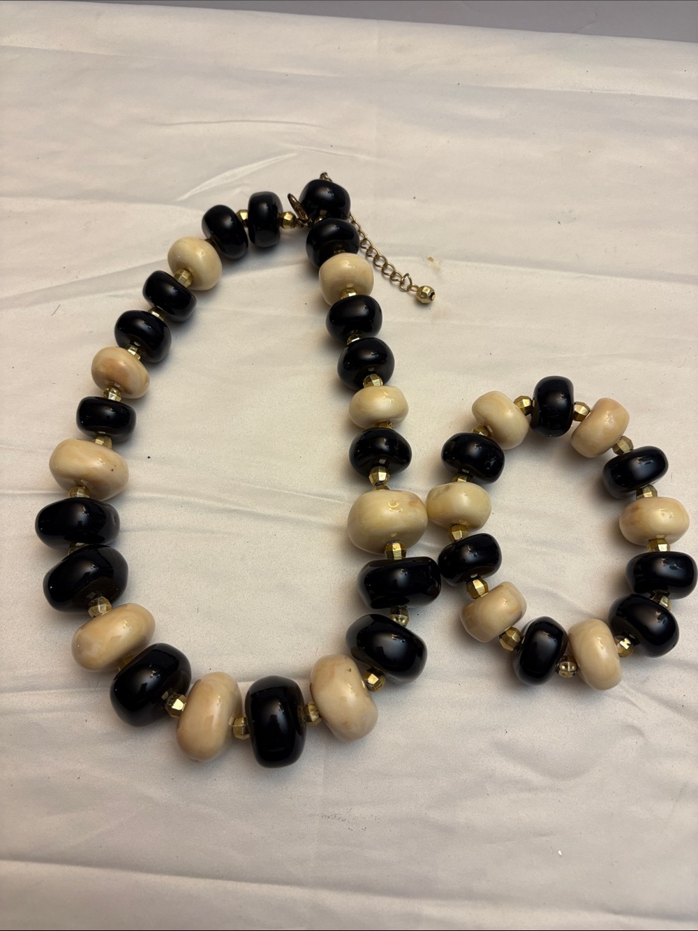 Elegant Black & Cream Beaded Necklace and Bracelet Set